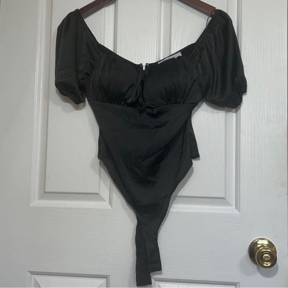 Love Tree Black Satin Bodysuit Off Shoulder Puff Sleeve Romantic Goth Small